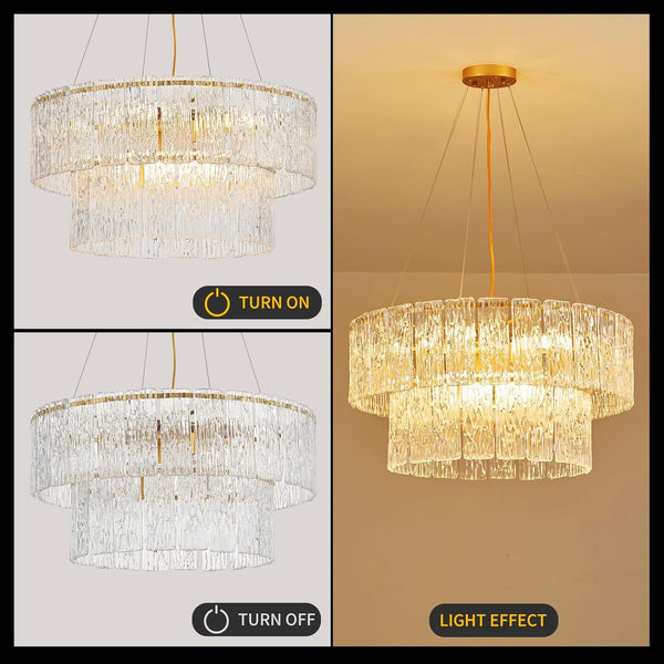 24" Gold Crystal Chandelier, 8-Light Glass Drum Light Fixture5