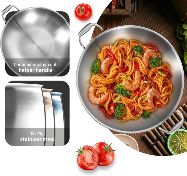 14.5 Inch Stainless Steel Wok with Steel Lid | Jumbo Cooker | Dual Handles | Large | Uncoated Tri-Ply Stir Fry Pan | Everyday Cooking Wok for Induction | Flat Bottom | PFOA-FREE | 6-8 Servings ﻿3