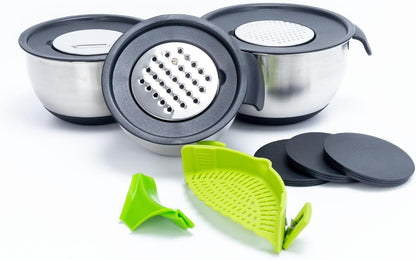 Homeware Stainless Steel Mixing Bowl with Lids Set Handles for Holidays: Gift Set for Kitchen with Pour Spout Non Slip Silicone Base on Bowls Strainer Graters for Kitchen10