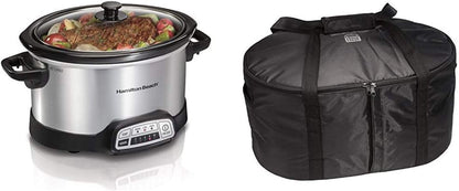 4-Quart Programmable Slow Cooker with Dishwasher-Safe Crock and Lid, Silver (33443) &  Travel Case & Carrier Insulated Bag (33002),Black1