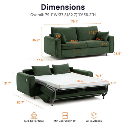 Pull Out Sofa Bed, No Cushion Removal, Queen Sleeper Sofa with USB Fast Charging, Memory Form Mattress, 2-In-1 Convertible Comfy Loveseat Couch Bed for RV, Apartment, and Small Spaces (Green)2