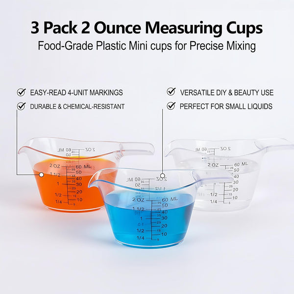 3 Pack 2 Ounce Measuring Cups, Food-Grade Plastic Small Measuring Cup for Hair Color, Hot Tub Chemicals & DIY Mixing, Mini Ounce Measure Cup with Easy-Read Markings3