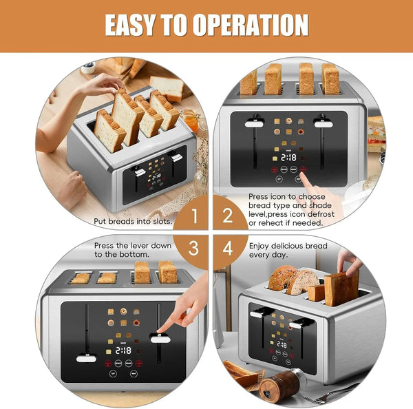Smart Digital 4-Slice Touchscreen Toaster, Wide Slots & Dual Control | Digital Timer, 6 Bread Types & 6 Shade Settings, Defrost/Reheat/Standby, Sound Control, Stainless Steel7