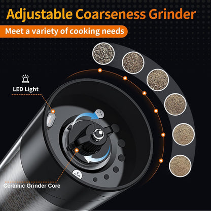 2Pack Electric Salt and Pepper Grinder Set USB Rechargeable with Warm LED Light, Adjustable Coarseness  Large Capacity Automatic Salt Pepper Mill Shakers for Kitchen, Restaurant, Outdoor, Black3