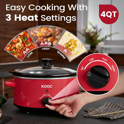 4-Quart Slow Cooker, 3 Cooking Settings, Dishwasher Safe Ceramic Crock, Lid, Free Pot Liners Included, RED, Ellipse Pot3