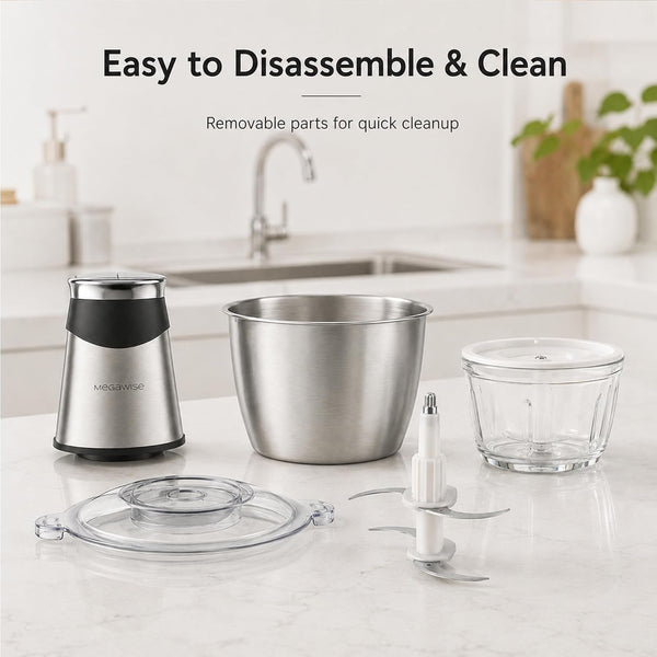 Food Processor, 800W Electric Meat Grinder with 0.6L Glass Bowl & 1.2L Stainless Steel Bowl, Dual Speed Modes and Bi-Level Bladesblades for Meat, Vegetables, Nuts, Fruits, and Baby Food9