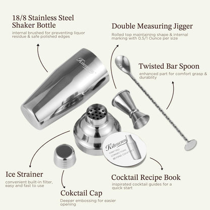 Cocktail Shaker,  24Oz Drink Shaker with Bartender Strainer, Measuring Jigger, Bar Mixing Spoon, Cocktail Recipe Guide, Professional Drink Mixer Set for Beginners, Silver3