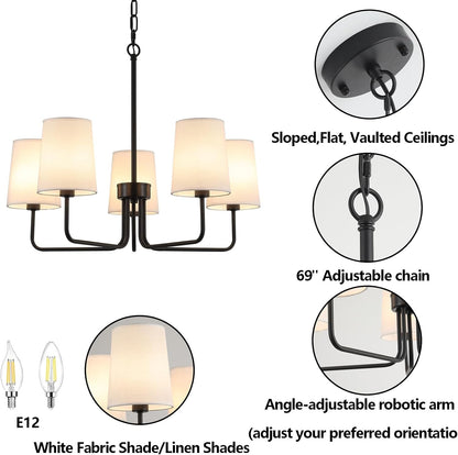 Farmhouse Chandelier, Matte Black with White Fabric Shade, Farmhouse Linear Island Lighting Fixture for Kitchen, Dining Room (5-Light Matte Black with Fabric Shades)2