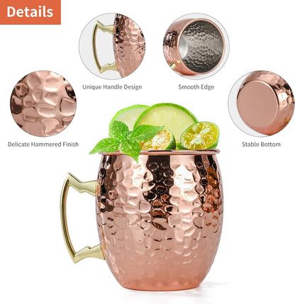 4 Pcs 16Oz Moscow Mule Mugs Hammered with Angled Handle, Copper | 304 Stainless Steel Lining, Delicate Hammered Finish, Firm Handle, for Cold Drinks, Cocktails, Wine, Beer, Bars & Parties4