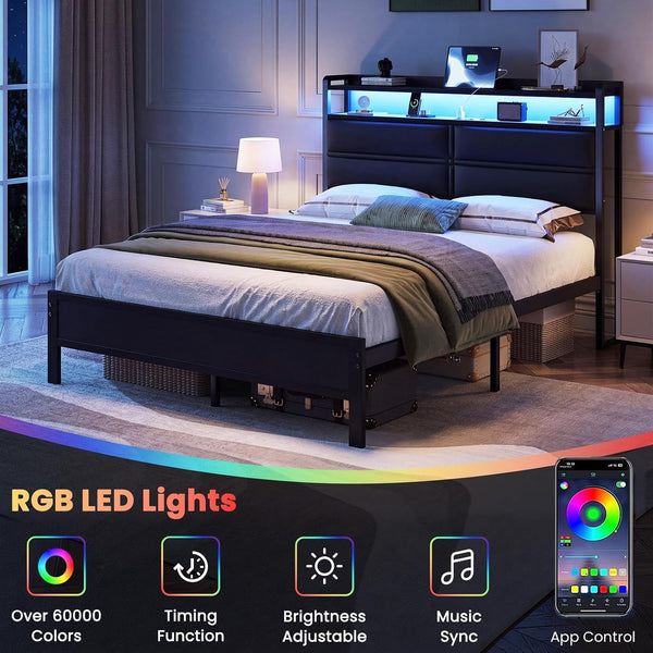 Full Size Bed Frame with LED Lights and Charging Station, Black3