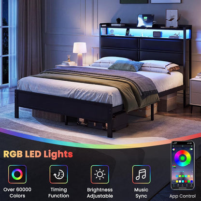 Queen Size Bed Frame with LED Lights and Charging Station, Black3