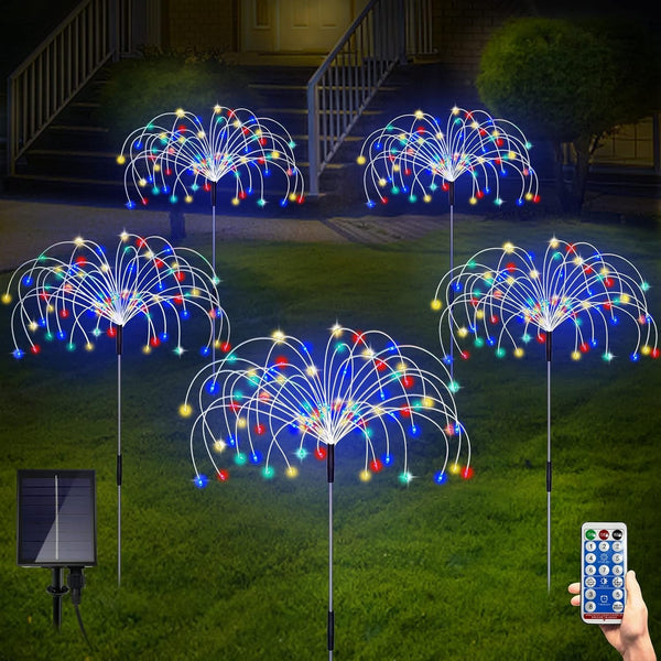 Solar Garden Lights, Outdoor Firework Lights, 5 Pack 120 LED Decorative Stake with Remote, 8 Modes DIY Landscape Light Waterproof Lamps for Walkway Pathway Backyard Lawn1