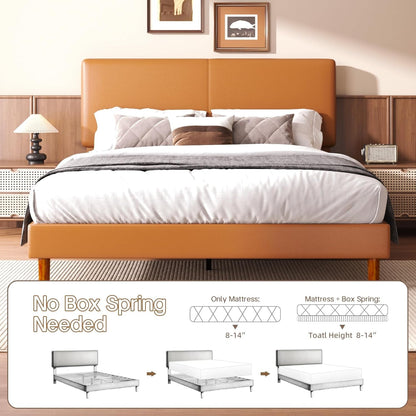 Queen Upholstered Platform Bed Frame with Headboard, Faux Leather Modern Bed Frame with Wood Slat Support, No Box Spring Needed, Easy Assembly, Orange-Brown6