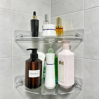 Corner Shower Caddy Shelf Rack 2 Tier Adhesive Shower Organizer Essentials - No Drilling Acrylic Bathroom Storage Rack with Hooks No Drilling Shelves (8.5"X8.5" 2 Tier Clear)1