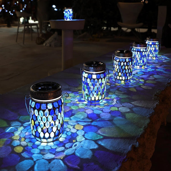 2 Pack Mosaic Lanterns Outdoor Waterproof with 215% Larger Solar Panel, Never Rust Lids, True Capacity Battery- Solar Mason Mosaics Jar Lantern for Patio Garden Yard Balcony Christmas Decorations1