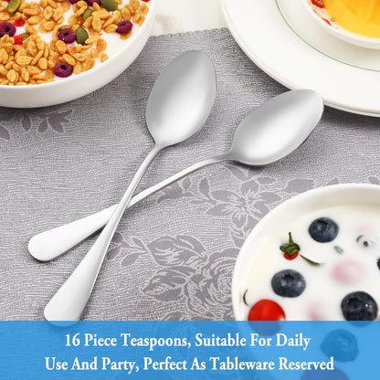 Teaspoon Set,16 Piece 6.7" Spoons Silverware, Premium Food Grade Stainless Steel Tea Spoons, Durable Small Spoon, Good Teaspoons, Kitchen Dessert Spoon Set, Mirror Finish & Dishwasher Safe7