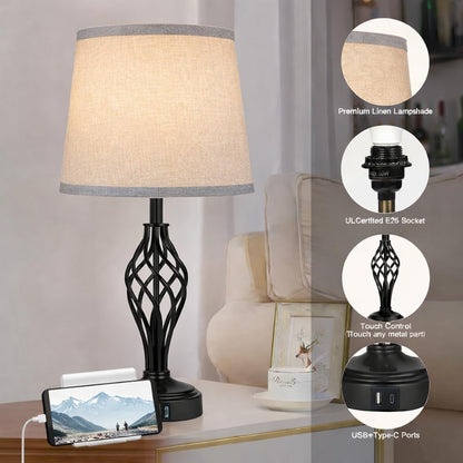 Touch Table Lamps Set of 2, Nightstand Lamp with USB Ports Bedside 3 Way Touch Dimmer Desk Lamp for Living Room Bedroom,Black Painted Spiral Cage Base Design Warm White Dimmer Bulbs Included.4