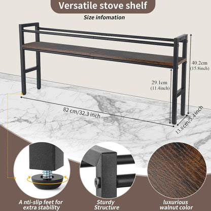 Spice Rack Shelf for Kitchen Stove, over the Stove Shelf with 4 Hooks Extra Storage Countertop, Rustic Wood & Solid Metal Commbined Stove Shelf for Storage Seasoning, Easy to Assemble4