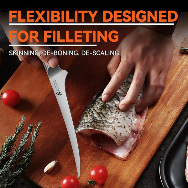 Fillet Knife, 7 Inch Professional Fish Boning Knife for Trimming Meat & Poultry, Flexible Blade, High Carbon German Steel, Full Tang Handle - Black Hawk Series2