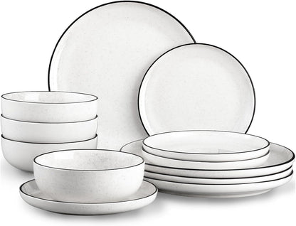 Plates and Bowls Sets for 4,12 Pieces Ceramic Dish Set, White Dinnerware Set for Kitchen, Modern Design Plate Sets with Black Rim, Microwave and Dishwasher Safe1