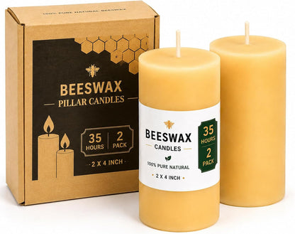 2 Pack Beeswax Pillar Candles,Non-Toxic 2X4 Inch Candle,35 Hour,Yellow1