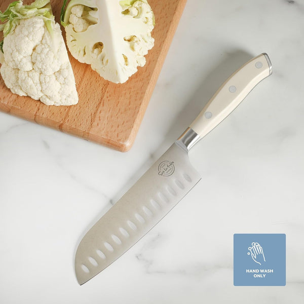 Sur La Table Kitchen Essential Tasting Kitchen German Steel Santoku Knife, 7-Inch Stainless Steel Blade – Professional Kitchen Knife with White Handle and Forged Full Tang5
