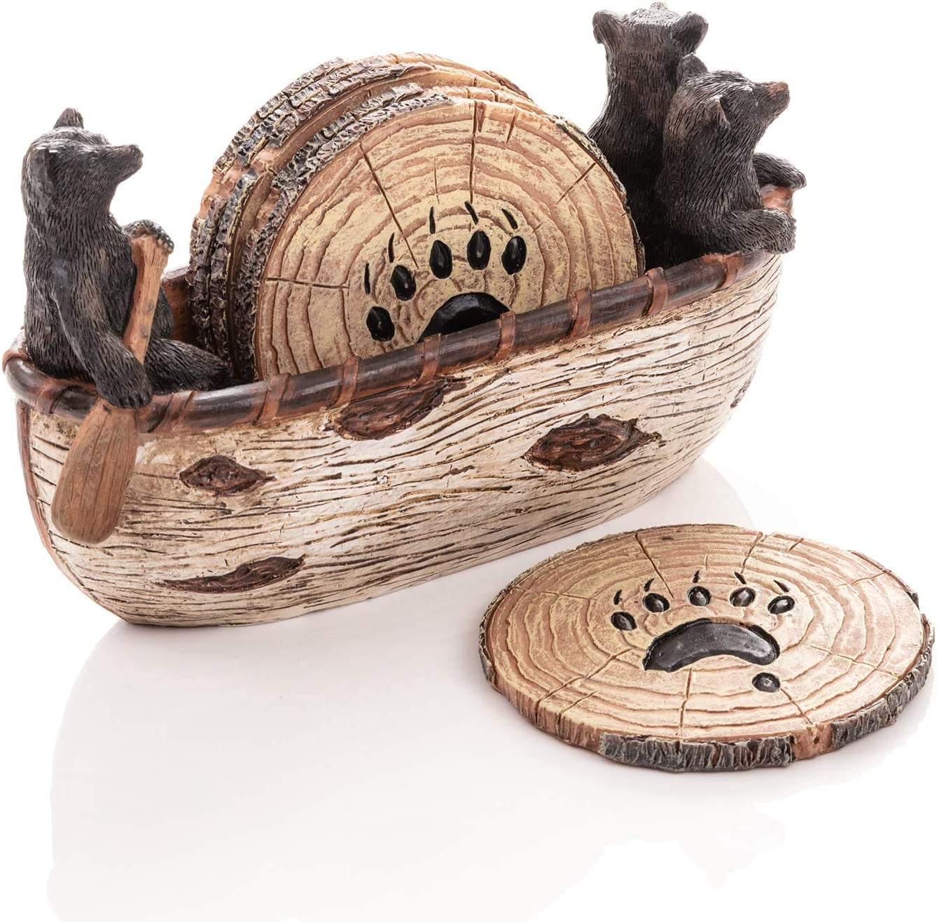 bear-coasters-set-of-6-full-size-rustic-coasters-in-handmade-canoe-with-adorable-black-bear-figurines-log-cabin-decorations-rustic-lodge-decor-for-the-home