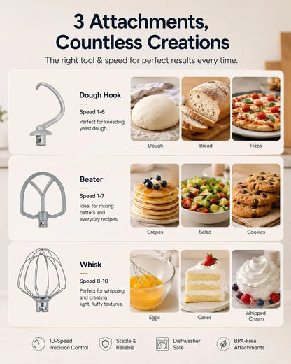 Stand Mixer, 3.5 QT Small Kitchen Electric Dough Mixer | 10-Speed, for 1–2 People, Beginner-Friendly, with Dishwasher-Safe Dough Hook, Beater & Egg Whisk, Cake, White7