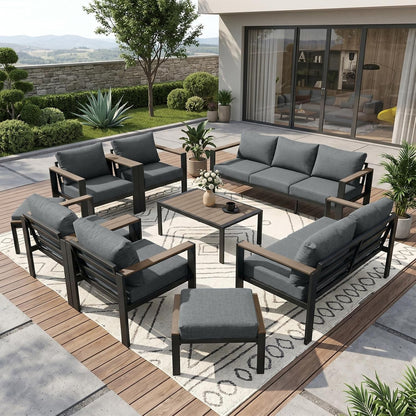 Patio Furniture Set 11 Seats and Coffee Table, 9 Pieces Patio Conversation Set with Thick Cushion, Ottomans, Deluxe Aluminum Modern outside Sectional for Porch, Balcony, Deck, Yard, Dark Gray1