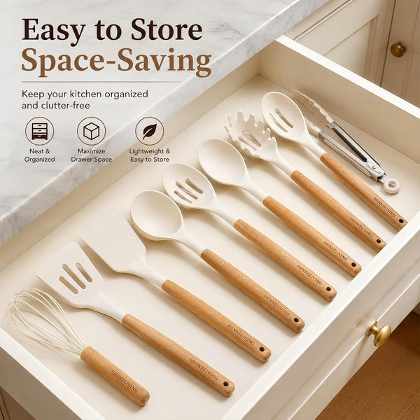 Silicone 10 Pcs Kitchen Cooking Utensils Set, Recycled Materials Certification, BPA Free Spatula Set with Heat Resistant Wood Handles for Nonstick Cookware, Cream White6