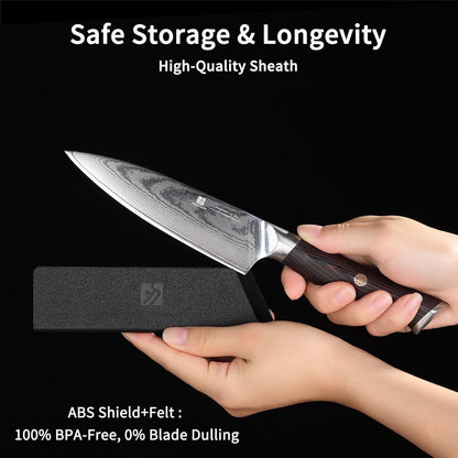 5.5-Inch Damascus Utility Knife, 67-Layer High Carbon Stainless Steel Kitchen Knife with Ergonomic Red Black G10 Handle, Protective Sheath & Gift Box for Paring, Slicing and Everyday Cooking8