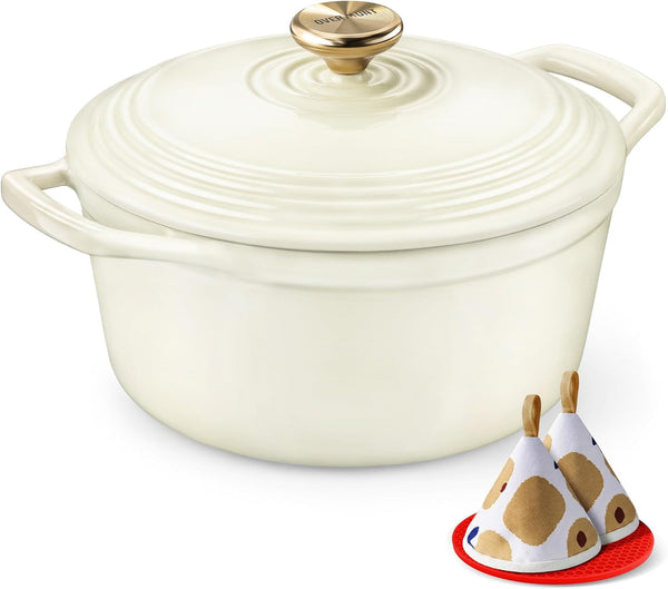 Enameled Cast Iron Dutch Oven - 5.5QT Pot with Lid Cookbook & Cotton Potholders - Heavy-Duty Cookware for Braising, Stews, Roasting, Sourdough Baking White1
