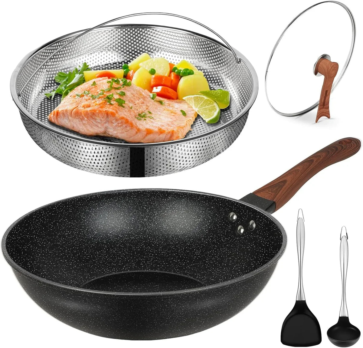 13-nonstick-wok-woks-stir-fry-pans-with-lid-and-steamer-basket