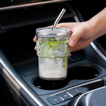 13Oz/400Ml Iced Coffee Cups with Lids and Straw，Sealed Carry on Thick Wall Glass Matcha Tumbler for Juice，Water, Late,Tea Fits Car Cup Holders for Office，Gym(Aurora White4