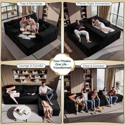 108" Black Corduroy Modular Sectional Sofa L-Shaped Cloud Couch with Left Facing Chaise, Boneless Deep Seat Sofa, No Assembly Compressed Couch for Living Room & Apartment4