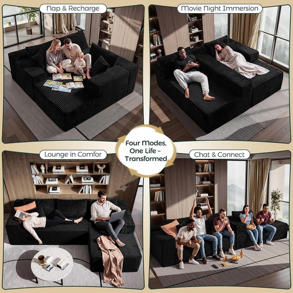 108" Black Corduroy Modular Sectional Sofa L-Shaped Cloud Couch with Left Facing Chaise, Boneless Deep Seat Sofa, No Assembly Compressed Couch for Living Room & Apartment4