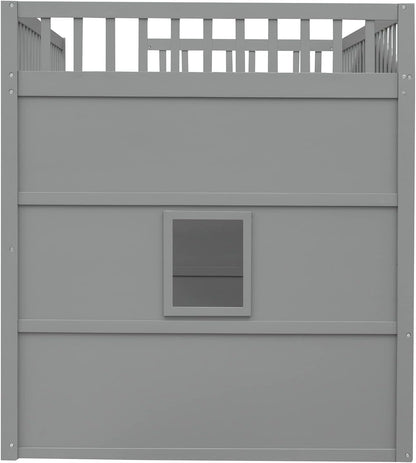 Full Size Wood Loft Bed, House Bed Frame with Ladder and Safety Guardrails for Kids, No Box Spring Needed, Gray+White7