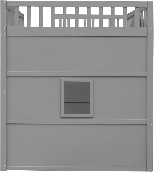 Full Size Wood Loft Bed, House Bed Frame with Ladder and Safety Guardrails for Kids, No Box Spring Needed, Gray+White7