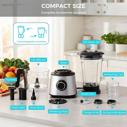 1.5L Food Processor, Electric Food Chopper, 2 Cups | for Meat, Vegetables, Dough, Puree, Shredding Blending, 2 Adjustable Speeds, Sharp Blades, Safety Lock, Silver6