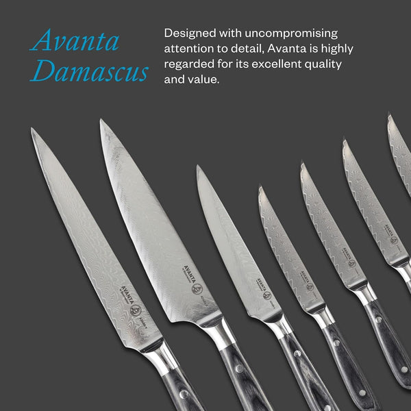 Avanta Damascus 10-Piece Ebony Pakkawood Knife Block Set - Japanese Damascus Stainless Steel - 4 Speciality Knives, Heavy-Weight Fork, 4 Steak Knives & Magnetic Knife Block5