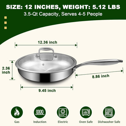 12 Inch Tri-Ply Stainless Steel Frying Pan, Compatible with All Cooktops up to 600℉, Large Frying Pan with Lids, Induction-Ready Skillet, Dishwasher and Oven Safe, Even Heat, 12" Skillet + Lid3