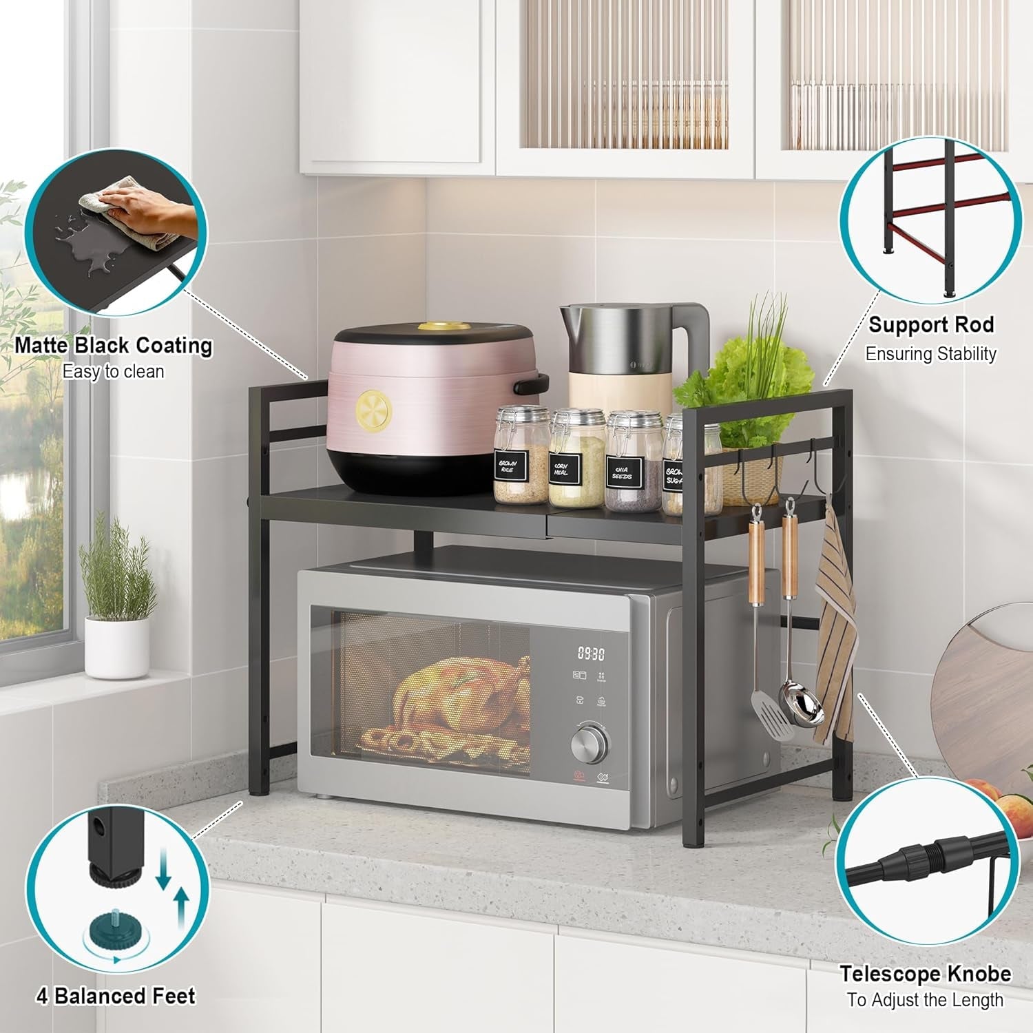 microwave-oven-rack-expandable-microwave-stand-countertop-kitchen-utensils-tableware-storage-carbon-steel-over-microwave-shelf-countertop-with-3-hooks