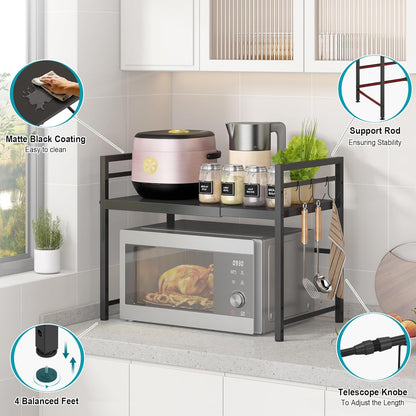 Microwave Oven Rack, Expandable Microwave Stand Countertop Kitchen Utensils Tableware Storage, Carbon Steel over Microwave Shelf Countertop with 3 Hooks6