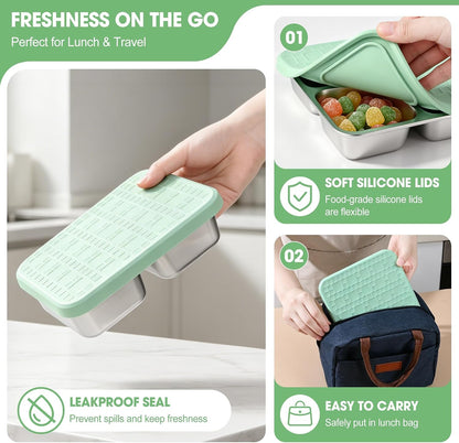 4 Pack Stainless Steel Snack Containers with Silicone Lids, Leakproof Bento Snack Boxes, Reusable 4 Compartment Metal Lunch Containers, Dishwasher Safe Food Storage for Meal Prep, Work & Travel2
