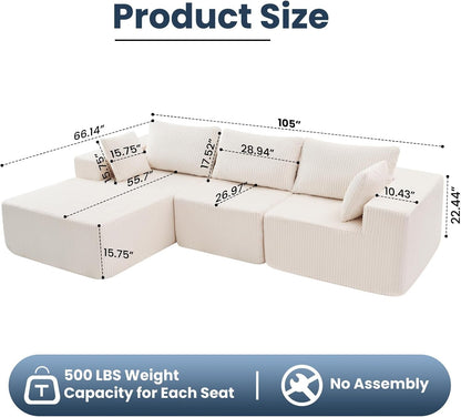 105" Modular Sectional Boneless Couch, Left Chaise L-Shaped Couch3