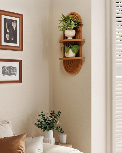 Boho Wall Decor Plant Wall Shelf Wood Plant Holder 2 Tier Brown | Mid Century Modern Decor Hanging Plant Shelf Wooden Floating Shelves for Home Bedroom Living Room Holding Planter Decoration4