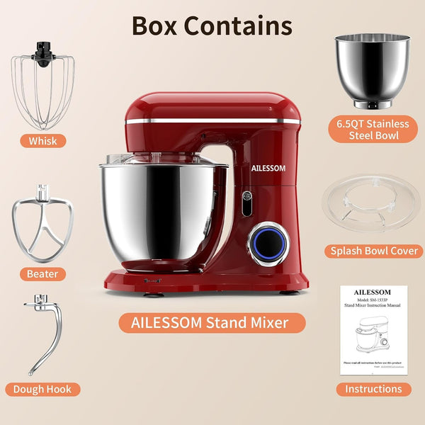 Stand Mixer, 6.5QT Household Food Mixer, 10-Speed Tilt-Head Electric Kitchen Mixer with 304 Stainless Steel Bowl, Dough Hook, Whisk & Beater, Splash Guard, Ideal for Baking Bread, Cake & Whipping2