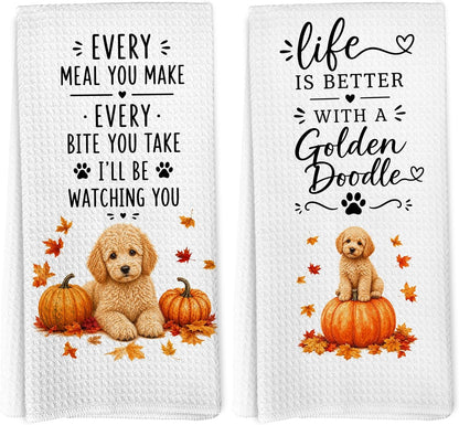 Fall Goldendoodle Pumpkin Kitchen Tea Dish Towels, Farmhouse Autumn Seasonal Dog Pumpkin Dish Towels for Kitchen, Goldendoodle Gifts Hand Towel for Bathroom 16X24In Set of 21