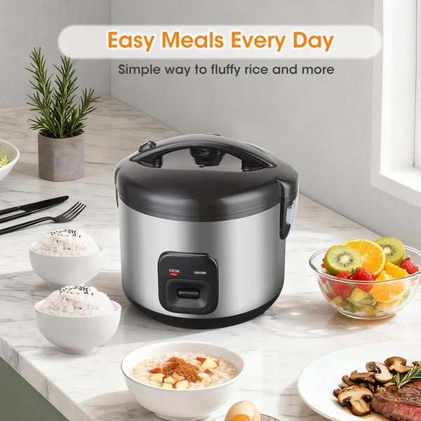 Small Rice Cooker 6 Cups Uncooked with Steaming Basket | Stainless Steel Exterior,Removable Non-Stick Inner Pot for Soups,Stews,Grains&Oatmeal,Compact One Touch & Auto Keep Warm2