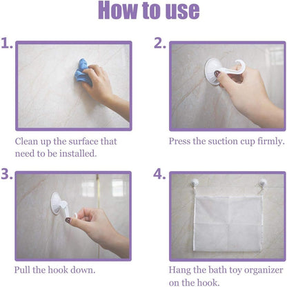 Bath Toy Organizer Mesh Storage Organizer Baby Shower Toys Bathtub Net Bag Kids Quick Dry Bathtub Mesh Net Bathtub Toy Holder 2 X Bathroom Storage Bag & 6 X Strong Suction Hooks (White)4